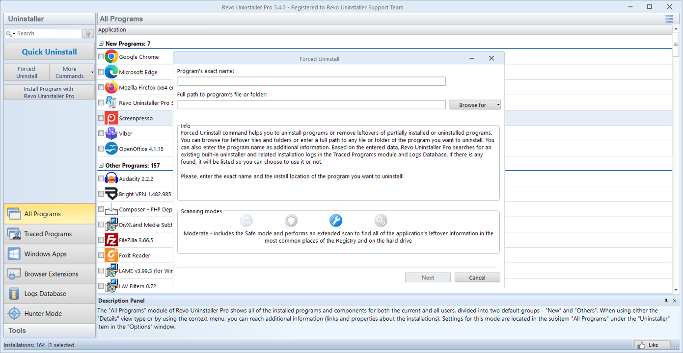 Revo Uninstaller: All Programs and uninstall options